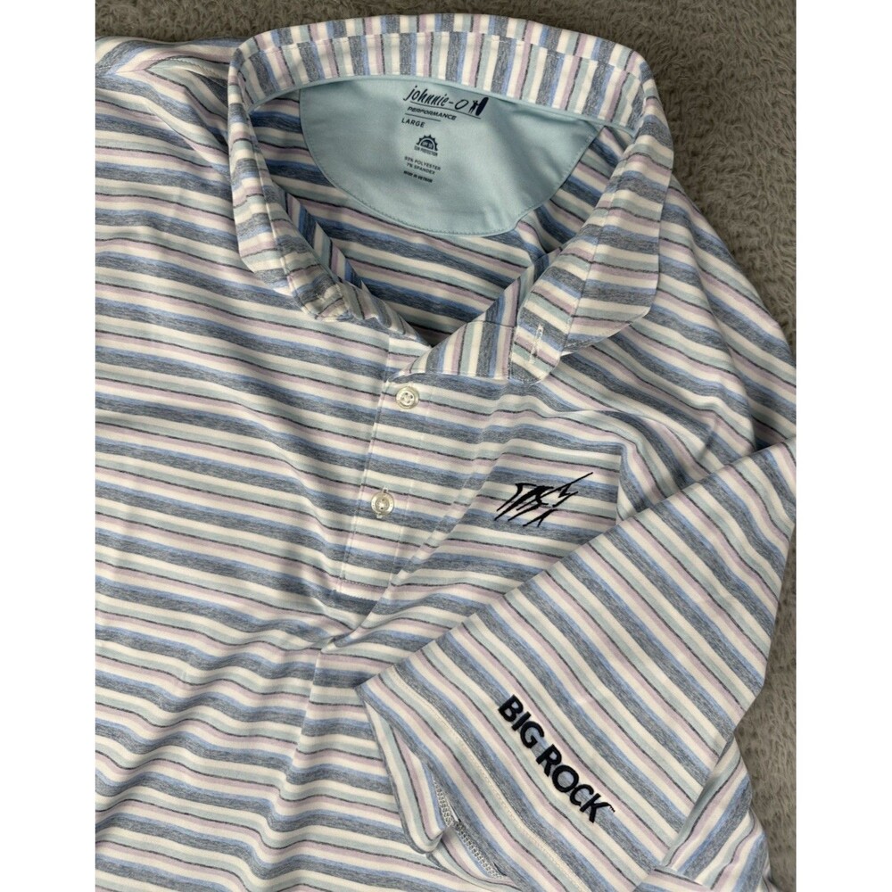 Johnnie-O Performance Polo Shirt Mens Large Striped Golf Big Rock Logo UPF 50
